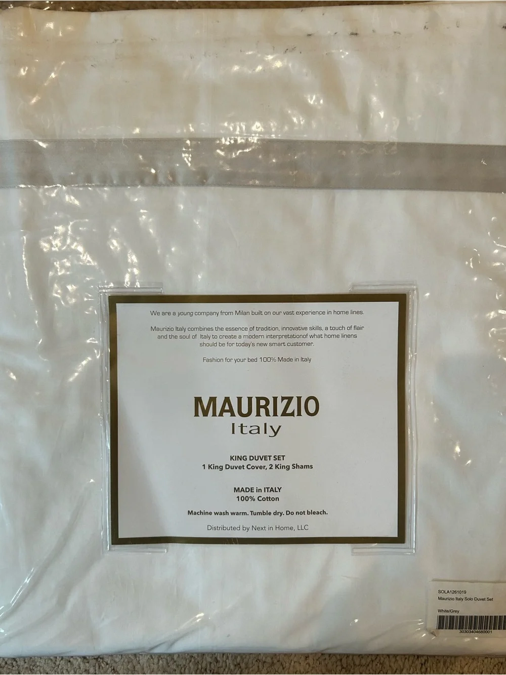 Maurizio White King Duvet Cover with Gray Trim - and King shams - made in Italy